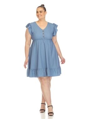 White Mark Women's Plus Size Ruffle Sleeve Knee-Length Dress - Blue 2X